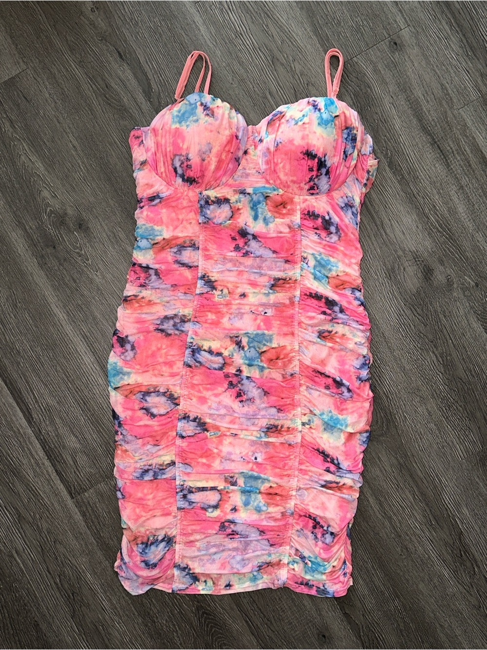 Pink Tie-Dye Ruched Mini Dress